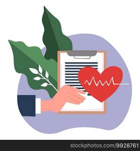 Document and heart with beats, isolated icon of health insurance agreement and foliage. Covering expenses on clinics and hospitals. Patient and financial help for treatment, vector in flat style. Health insurance, coverage of expenses on clinics and hospitals