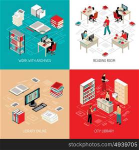 Document Archive Library 4 Isometric Icons. City library reading room with online archive and catalog access 4 isometric icons square abstract vector illustration