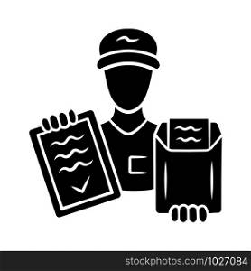 Document delivery glyph icon. Express courier service. Postman, deliveryman holding clipboard with invoice. Parcel, package delivering. Fast shipping. Silhouette symbol. Vector isolated illustration