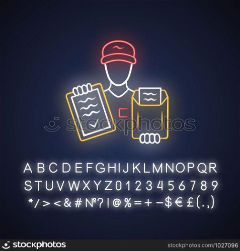 Document delivery neon light icon. Express courier service. Postman, deliveryman holding clipboard with invoice. Parcel package delivering. Glowing alphabet, numbers. Vector isolated illustration