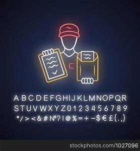 Document delivery neon light icon. Express courier service. Postman, deliveryman holding clipboard with invoice. Parcel package delivering. Glowing alphabet, numbers. Vector isolated illustration