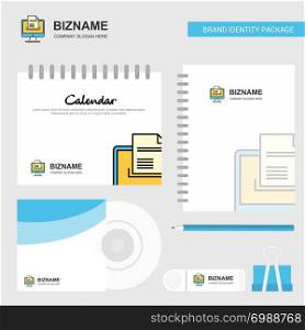 Document downloading Logo, Calendar Template, CD Cover, Diary and USB Brand Stationary Package Design Vector Template