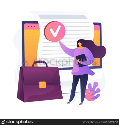Document evaluation. Verifying, approved, validating. Signing official contact, agreement. Businesswoman cartoon character with briefcase. Vector isolated concept metaphor illustration. Document evaluation vector concept metaphor