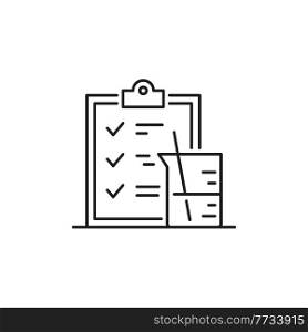Document, exam check list in medicine and physics isolated thin line icons icon. Vector container with material elements of genetics and bioengineering. Clipboard with gmo questionnaire, lab documents. Medicine physics genetics clipboard, gmo checklist