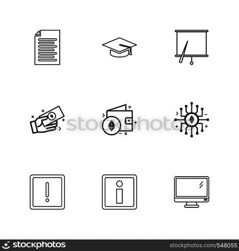 document , file , convocation cap , board , chart , monitor , ic, wallet , money , exclimination ,icon, vector, design, flat, collection, style, creative, icons