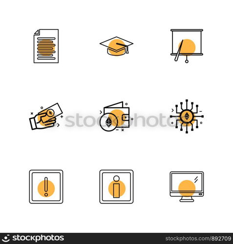 document , file , convocation cap , board , chart , monitor , ic, wallet , money , exclimination ,icon, vector, design, flat, collection, style, creative, icons