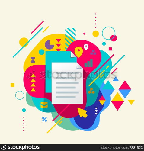 Document file on abstract colorful spotted background with different elements. Flat design.