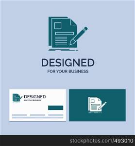 document, file, page, pen, Resume Business Logo Glyph Icon Symbol for your business. Turquoise Business Cards with Brand logo template.. Vector EPS10 Abstract Template background