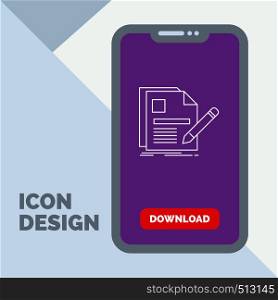 document, file, page, pen, Resume Line Icon in Mobile for Download Page. Vector EPS10 Abstract Template background