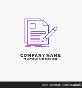 document, file, page, pen, Resume Purple Business Logo Template. Place for Tagline