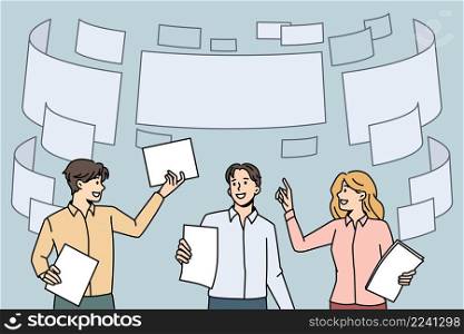 Document flow in business concept. Group of young business partners teammates standing with papers and flying documents above vector illustration . Document flow in business concept