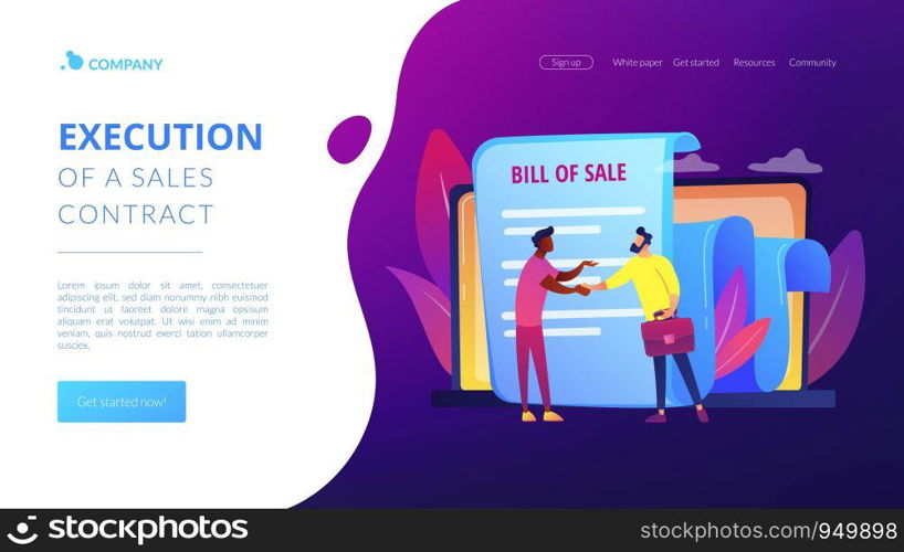 Document for purchase. Customer and purchaser deal. Buying contract. Bill of sale, written selling document, execution of a sales contract concept. Website homepage landing web page template.. Bill of sale concept landing page