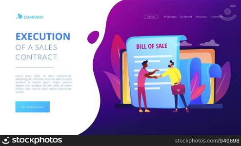 Document for purchase. Customer and purchaser deal. Buying contract. Bill of sale, written selling document, execution of a sales contract concept. Website homepage landing web page template.. Bill of sale concept landing page
