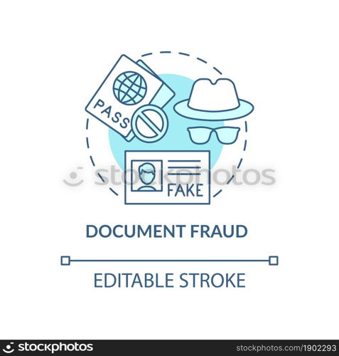 Document fraud blue concept icon. False documents. Illegal papers. Fake visa and border pass. Deportation abstract idea thin line illustration. Vector isolated outline color drawing. Editable stroke. Document fraud blue concept icon