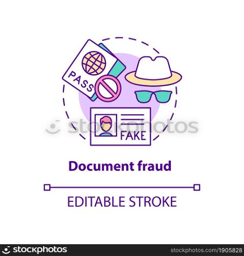 Document fraud concept icon. False documents. Illegal papers. Fake visa and border pass. Deportation abstract idea thin line illustration. Vector isolated outline color drawing. Editable stroke. Document fraud concept icon