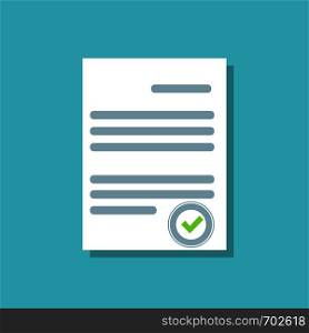 Document icon with check mark. White Checklist in flat design on blue background. Eps10. Document icon with check mark. White Checklist in flat design on blue background