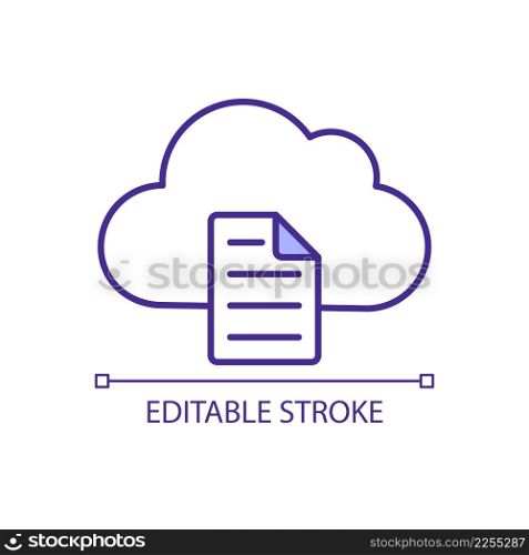 Document in cloud storage RGB color icon. Digital information storage. Cyber space for business. Isolated vector illustration. Simple filled line drawing. Editable stroke. Arial font used. Document in cloud storage RGB color icon
