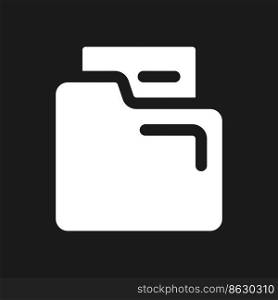 Document in folder pixel dark mode glyph ui icon. Business tool. User interface design. White silhouette symbol on black space. Solid pictogram for web, mobile. Vector isolated illustration. Document in folder pixel dark mode glyph ui icon