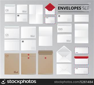 Document Letter Realistic Set. Realistic paper office envelopes document letter set of isolated images with templates for different sheet size vector illustration