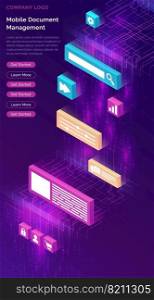 Document manager business concept vector isometric illustration. Data waterfall, visualization of digital code electronic stream and 3D computer icons on ultraviolet background, analysis and search. Document manager business isometric concept