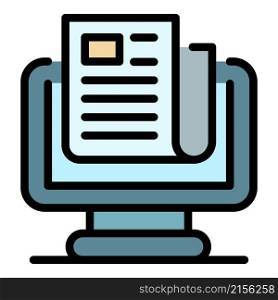 Document on the monitor icon. Outline document on the monitor vector icon color flat isolated. Document on the monitor icon color outline vector