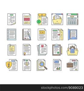 document paper file business page icons set vector. contract web, note office, form copy, message pen, agreement blank, internet write document paper file business page color line illustrations. document paper file business page icons set vector