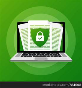 Document protection concept, confidential information and privacy. Secure data with paper doc roll and guard shield. Vector illustration.. Document protection concept, confidential information and privacy. Secure data with paper doc roll and guard shield. Vector stock illustration.