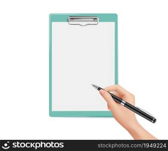 Document signature. Hand holds pen, blank paper notebook page. Vote, check list or interview, business agreement vector template. Illustration businessman write message or application. Document signature. Hand holds pen, blank paper notebook page. Vote, check list or interview, business agreement vector template