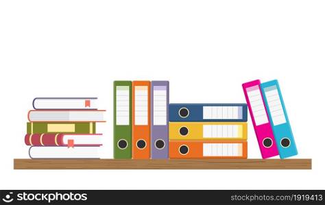 Document Storage Shelves with set of colored ring binders, Book on white background. Office folders. Vector illustration in flat style. Document Storage Shelves