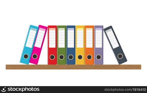 Document Storage Shelves with set of colored ring binders on white background. Office folders. Vector illustration in flat style. Document Storage Shelves