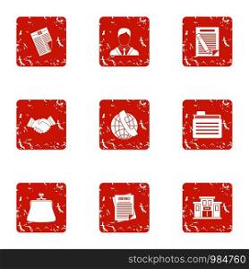 Document the law icons set. Grunge set of 9 document the law vector icons for web isolated on white background. Document the law icons set, grunge style