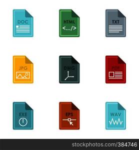 Document types icons set. Flat illustration of 9 document types vector icons for web. Document types icons set, flat style
