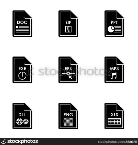Document types icons set. Simple illustration of 9 document types vector icons for web. Document types icons set, simple style