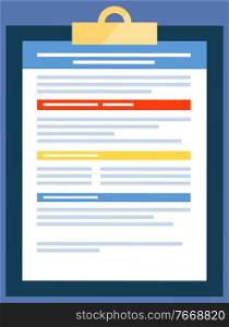 Document vector, isolated clipboard with pages. Official contract organizer for work, documentation personal notes and memos. Report on paper illustration in flat style design for web, print. Clipboard Page with Information and Data Paper