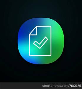 Document verification app icon. Test or exam successfully completed. UI/UX user interface. Web or mobile application. Paper sheet with check mark. Approved. Vector isolated illustration. Document verification app icon