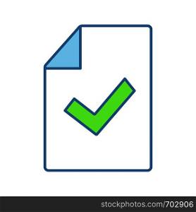 Document verification color icon. Test or exam successfully completed. Paper sheet with check mark. Approved. Isolated vector illustration. Document verification color icon