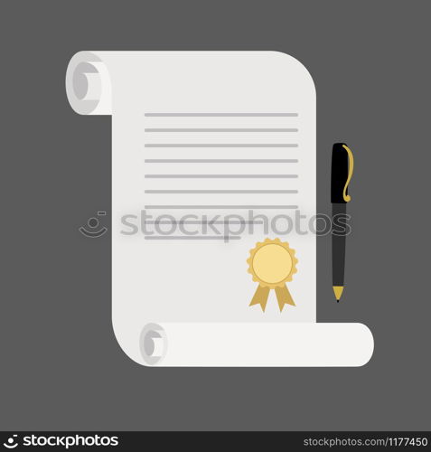 Document vintage scroll with stamp on grey background, vector illustration. Document vintage scroll