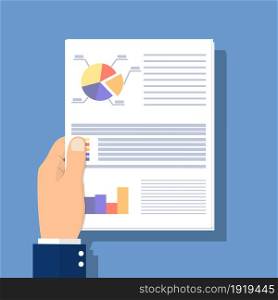 Document with charts and graphs business reports hold in hand businessman. Paperwork concept. Data analysis, project management. Analyze graph. Vector illustration in flat style. Document with charts and graphs