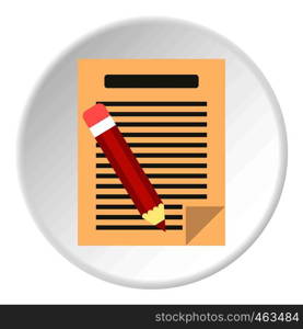 Document with pencil icon in flat circle isolated vector illustration for web. Document with pencil icon circle