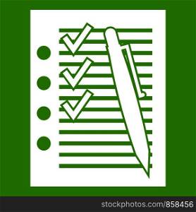 Document with plan and pen icon white isolated on green background. Vector illustration. Document with plan and pen icon green
