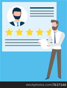 Document with rating stars and text vector, isolated businessman holding information about partner. Manager with papers and data on worker flat style. Businessman with Avatar and Rating of Partner