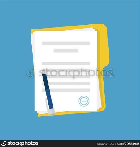 Document with stamp and pen. Business documents agreement. Paper contract or paperwork on blue background. EPS 10