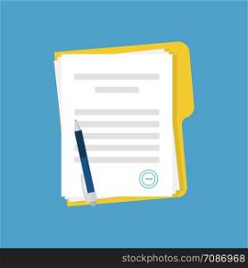 Document with stamp and pen. Business documents agreement. Paper contract or paperwork on blue background. EPS 10