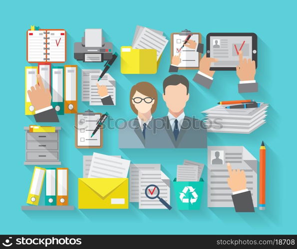 Documentation concept with office workers and archive organizing flat icons set vector illustration