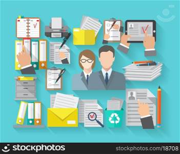 Documentation concept with office workers and archive organizing flat icons set vector illustration