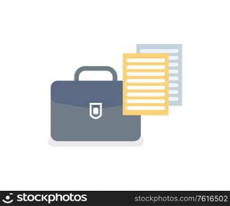 Documentation from briefcase vector, isolated icon of notebook and bag for documents. Business correspondence and published articles in black case. Office Paper Documents and Briefcase Isolated