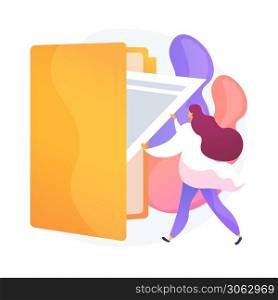 Documentation management colorful icon. Female cartoon character putting document in big yellow folder. Files storage, sorting, organization. Vector isolated concept metaphor illustration. Documentation management vector concept metaphor