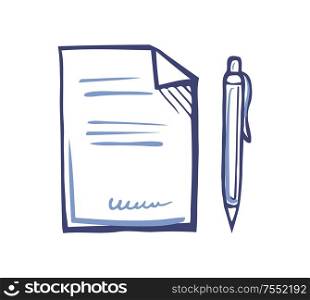 Documentation or article writing icons. Office paper document page and fountain pen isolated sketch, line art vector. Publication with written information. Documentation or Article Writing Icon Office Paper