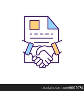 Documents agreement RGB color icon. Contract management processes. Signing official agreement documents. Checking rules in written file. Providing services. Isolated vector illustration. Documents agreement RGB color icon