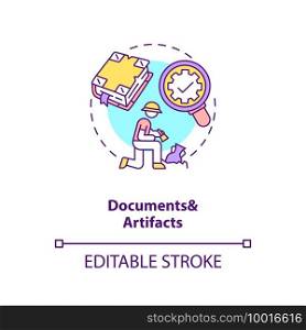Documents and artifacts analysis concept icon. Documentary data data idea thin line illustration. Qualitative researching. Vector isolated outline RGB color drawing. Editable stroke. Documents and artifacts analysis concept icon